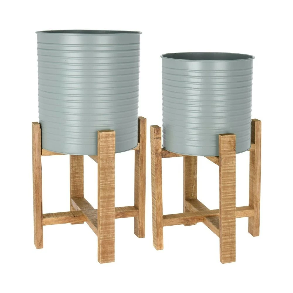 Koopman 58cm Olive Green Steel Planter With Wooden Stand 1 Koopman 58cm Olive Green Steel Planter With Wooden Stand